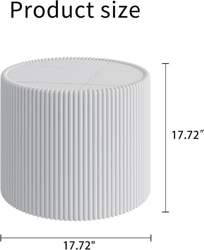 White Round Coffee Table with Sintered Stone Tabletop, 17.71" Drum Coffee Table with Fluted PU Leather Covered and Stable Base, Circle Cocktail Tea Table for Living Room