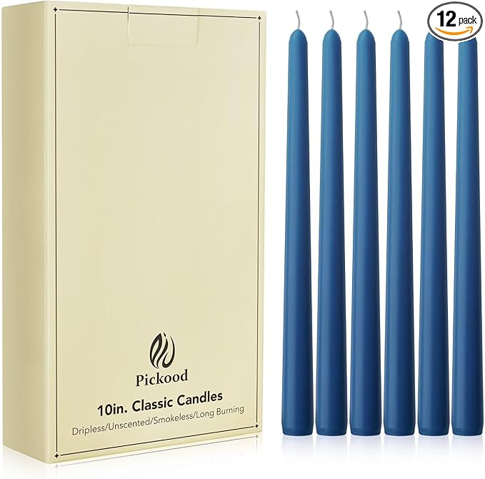New Burning Formula Unscented Dripless 10-Inch Taper Candles Set of 12 - Dark Blue, for Wedding, Dinner - Smokeless, Long Burning - Hand Poured, Colored Tall Candlesticks - Azul Oscuro