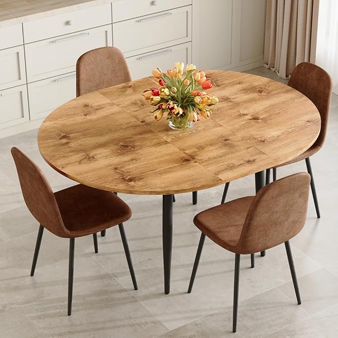 42" Round Dining Table for 4, 54" Oval Dining Table for 6, Extendable Kitchen & Dining Room Table with Metal Legs, Modern Rustic Space-Saving Adjustable Shape Dinner Table, Easy Assembly,White