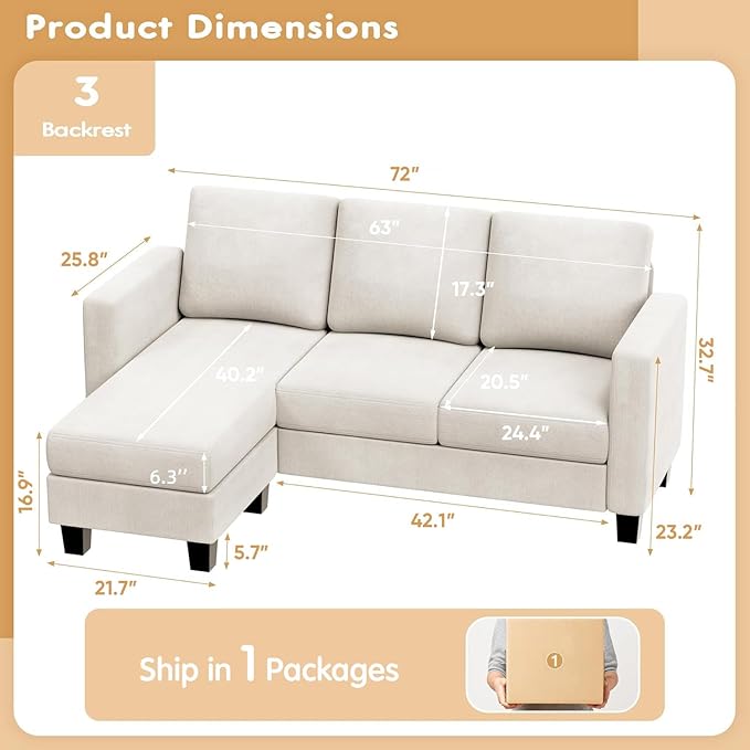 VICTONE Convertible Sectional Sofa Couch, 3 Seat L-Shaped Sofa with Linen Fabric Ottoman Small Couch for Small Apartments, Living Room and Office (Linen Fabric, White)