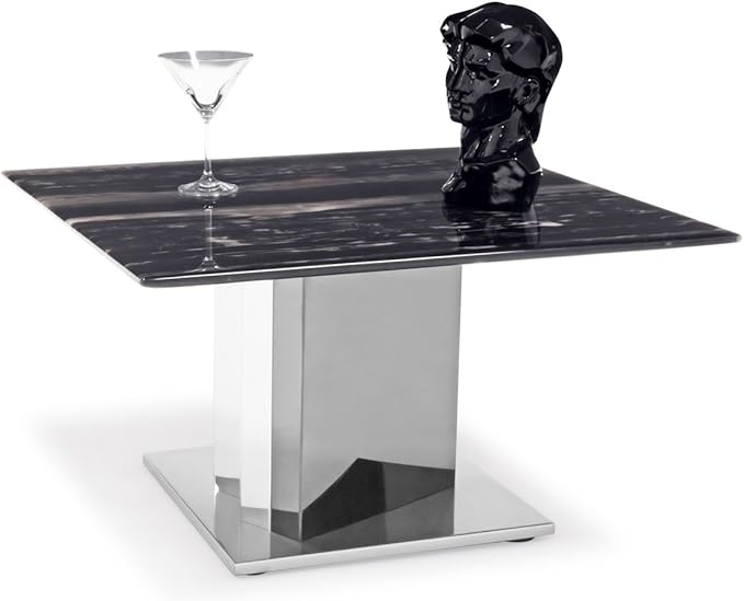 ZURI Furniture Tulare Black and White Marble End Table with Polished Stainless Steel Base