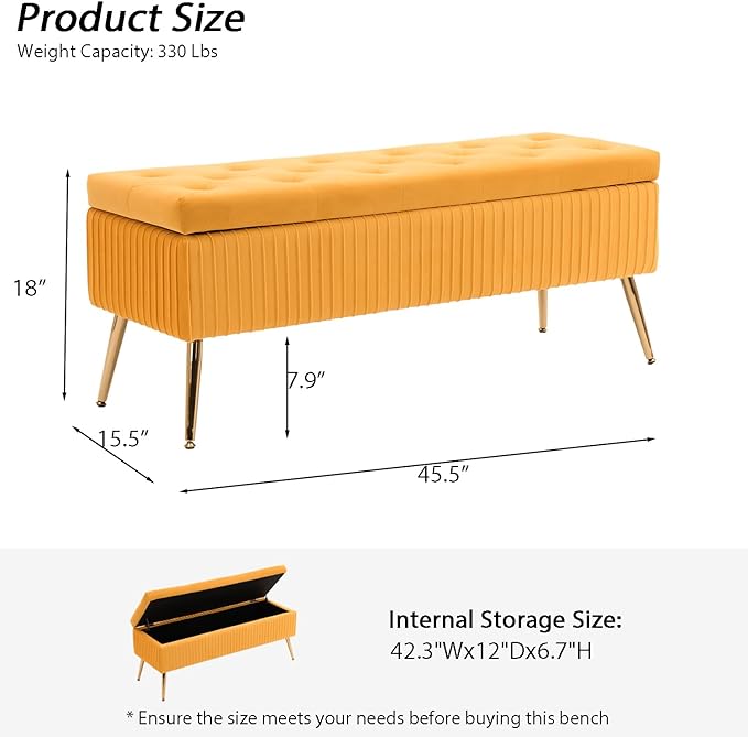 Velvet Storage Bench for Bedroom, Rectangle Upholstered End of Bed Bench Modern Tufted Ottoman with Gold Legs for Living Room/Window/Entryway (Mustard Yellow-45.5" W)