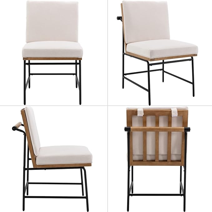 Modern Dining Chairs Set of 4, Comfy Linen Fabric Armless Side Chairs with Backrest Wooden Upholstered Seat Black Metal Legs for Dining Room Living Room, White