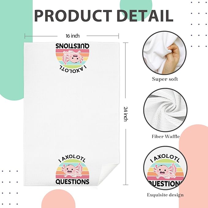 Axolotl Lover Gifts Bathroom Hand Towels, Kids Bathroom Decor, Funny Retro Rainbow Pink Axolotl Kitchen Towels, Animal Lover Gifts Dish Tea Towel, 16x24 Inch