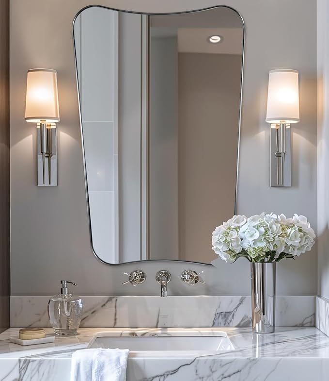 ANDY STAR Chrome Bathroom Mirror 24x36, Bathroom Mirror for Over Sink, Polished Chrome Wall Mirror with Unique Curved Design, Rust-Proof Stainless Steel 1’’ Frame