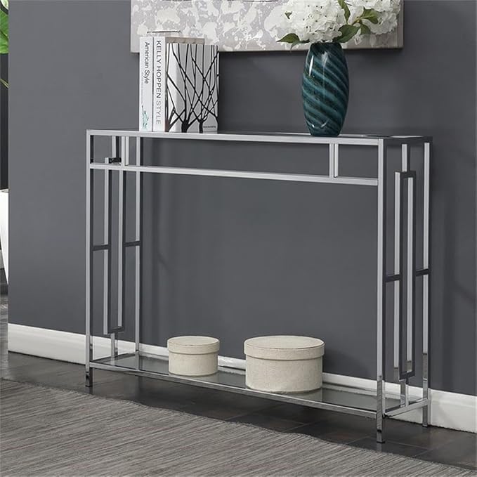 Convenience Concepts Town Square Chrome Console Table 42" - Contemporary Modern Sofa Table with Storage Shelf, Narrow Entryway Hall Table for Living Room, Bedroom, Bathroom, Glass/Chrome