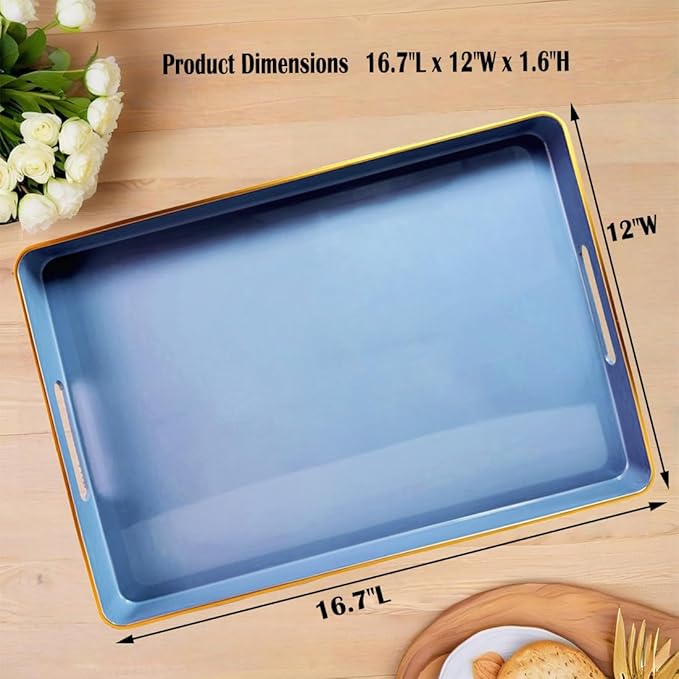 Large Blue Coffee Table Tray, Decorative Serving Tray with Handles, Plastic Rectangular Tray for Ottoman, Bathroom, Living Room.16.7"*12"*1.6"