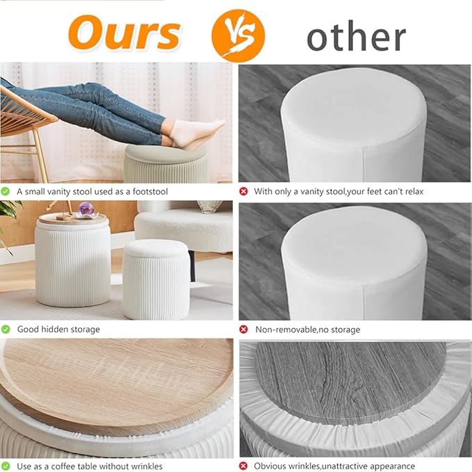 Round Ottoman with Storage Set of 2-Upholstered Velvet Vanity Stool for MakeupMultifunctional Ottomans Coffee Table Padded Seat Foot Rest for Living Room&Bedroom(White-Upgrade Tray Lid)