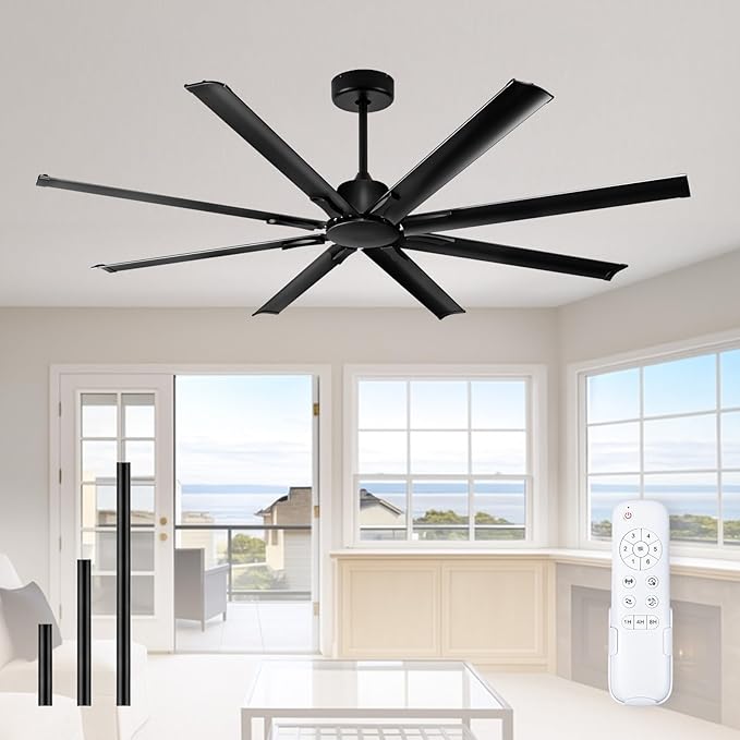 72 Inch Black Ceiling Fan Without Light with 8 Aluminum Blades,Industrial Ceilin fan with Remote,6 Speed,Quiet DC Motor,Large Outdoor Indoor Ceiling Fan for Patio,Garage,Living Room