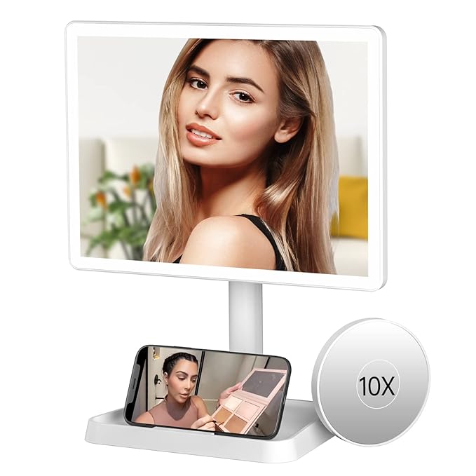 FUNTOUCH Rechargeable Makeup Vanity Mirror with Lights, Large Lighted Desk Makeup Mirror with 96 LED Lights and 10x Magnifying Mirror, 3 Color Lighting, Light up Make up Mirror with Phone Holder