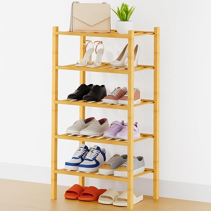 Smiry Shoe Rack, 5 Tier Thick Small Bamboo Shoe Organizer, Stackable Free Standing Wooden Shoe Storage Shelf for Closet, Entryway, Front Door Entrance, Natural