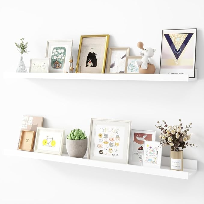 Picture Ledge Shelf, Wood Floating Shelves Set of 2, 36 inch Picture Ledge Shelves, Photo Ledge Nursery Book Shelves Wall Mounted for Living Room Kids' Room Bedroom, Color White