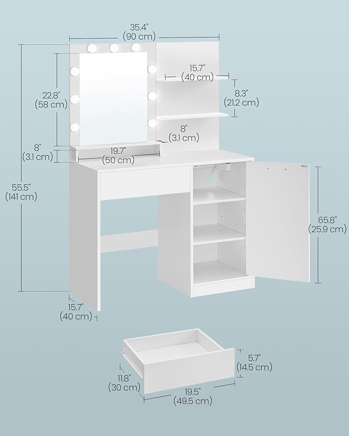 VASAGLE Kailyn Collection - Vanity Desk with Power Outlets and LED Lights, 35.4-Inch Wide Makeup Table with Mirror, Drawer and Cabinet, for Bedroom, Cloud White URDT128WB01V1S