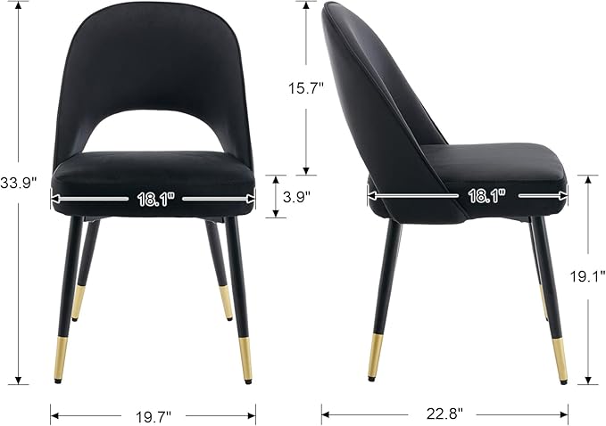 DUOMAY Modern Dining Chair Set of 2 with Open Back, Velvet Upholstered Armless Chair with Metal Frame Side Chair for Kitchen Dining Room Living Room, Black