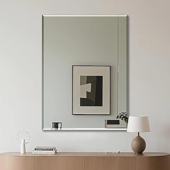 Ruomeng Frameless Mirror for Wall, 48x36 Inch Bathroom Vanity Mirror Farmhouse, Large Rectangle Mirror with Beveled Edge, Tempered Glass, Hangs Horizontally or Vertically