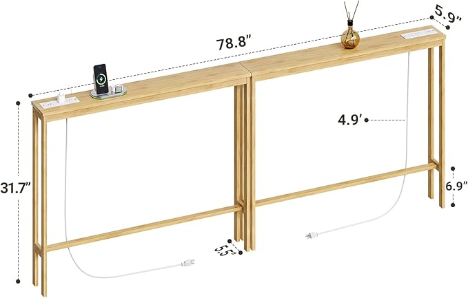 ELYKEN 2 Pack 5.9" Narrow Console Sofa Table with Power Outlets, 5.9" Dx39.4 Wx31.1 H Bamboo Behind Couch Table with Charge Station, Natrual