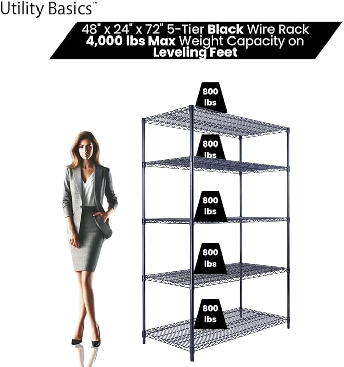 NSF Commercial 5-Tier Wire Shelving with Wheels, 48"x24"x72" Heavy Duty Metal Shelves 4000 lbs Max Capacity, Black Storage Rack for Garage Kitchen Pantry Warehouse