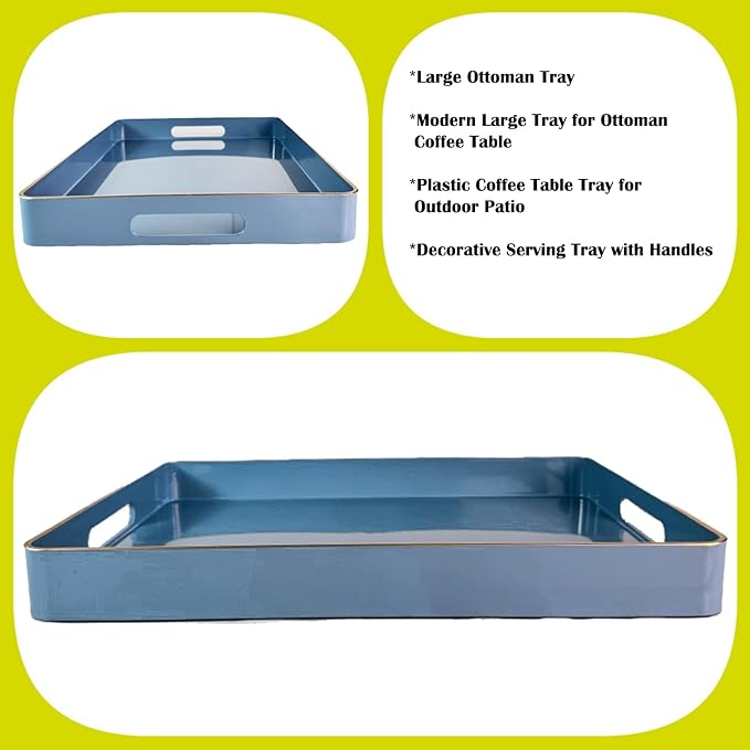 Large Blue Coffee Table Tray, Decorative Serving Tray with Handles, Plastic Rectangular Tray for Ottoman, Bathroom, Living Room.16.7"*12"*1.6"