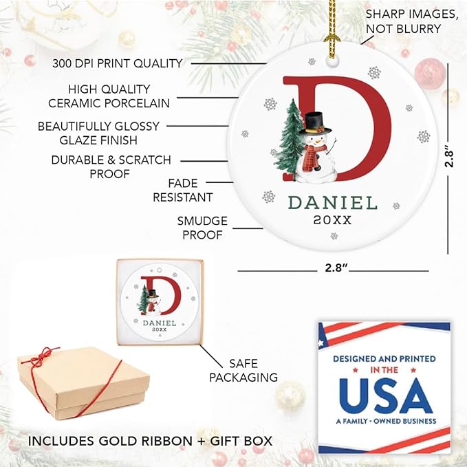 Andaz Press Personalized Ornament, Custom Name, Initial D Monogram Snowman 2.8" Ceramic Porcelain 2025 Christmas Ornament Keepsake for Kids, Boys, Girls, Includes Gold Ribbon & Gift Box, 1-Pack