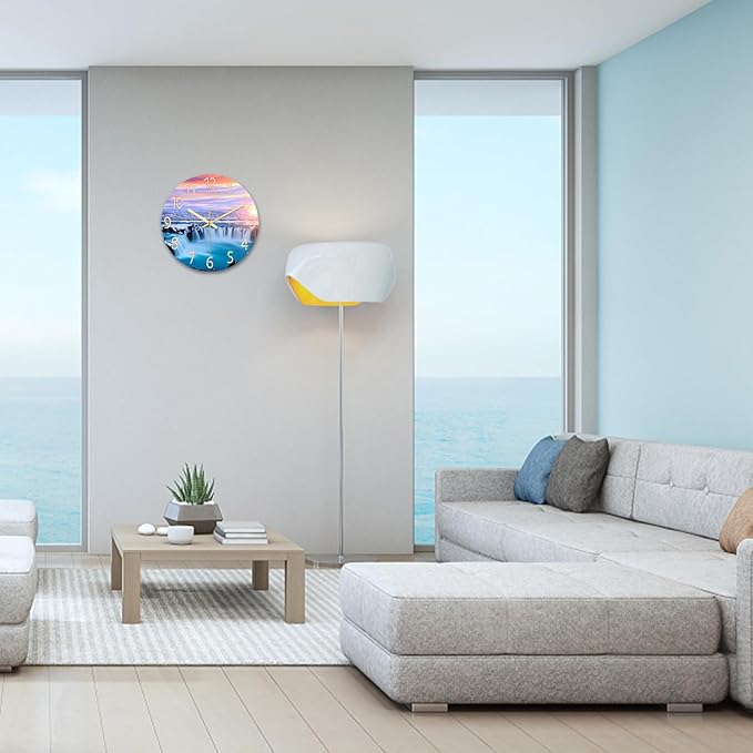 XNM Modern Blue Beach Wall Clocks Battery Operated 12 Inch Round Decorative Wall Clock for Living Room Quiet Waterfall Wall Clock
