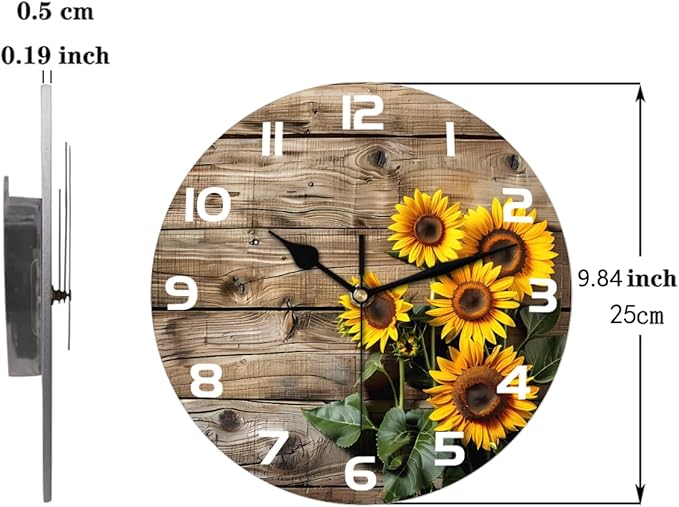 Retro Wooden Sunflower Wall Clock Battery Operated 10 in Round Wall Clocks Slilent Non Ticking Quartz Analog Clock for Bedroom Kids Living Room Classroom Decor