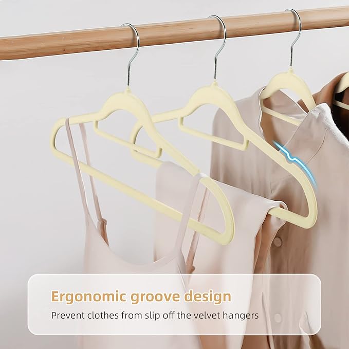 20 Pack Non-Slip Velvet Suit Hangers with 360° Swivel Hook - Space Saving Beige Clothes Hangers, Heavy Duty for Adults