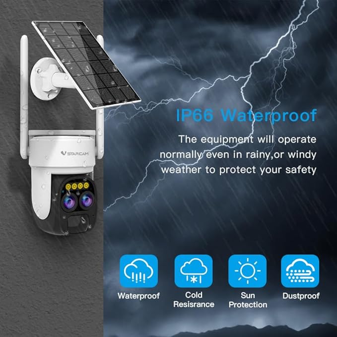 VSTARCAM Solar Camera Outdoor Wireless No Subscription, Dual Cameras, 2K UHD with 10× Zoom, 100% Wire-Free with Battery Powered, 360° Panoramic View, PIR Motion Detection, Siren, 2-Way Audio,IP66