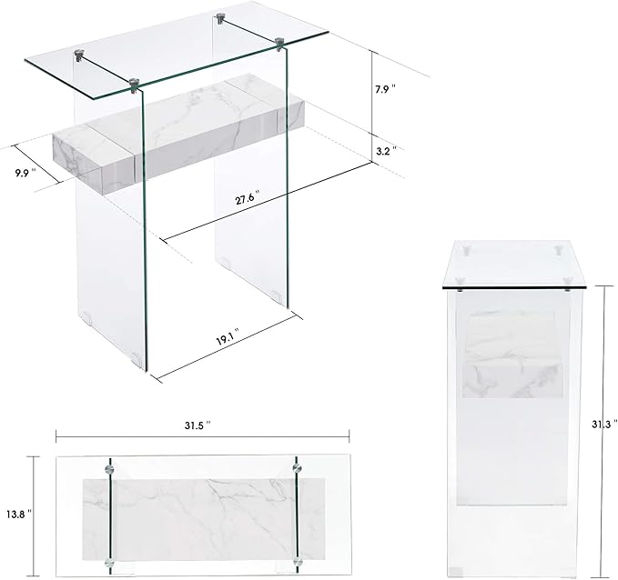 ivinta Glass Console Table with Storage, 31.5'' Modern Narrow Sofa Table with Storage Shelves for Living Room, Hallway, Foyer, Bedroom 5103 (White)