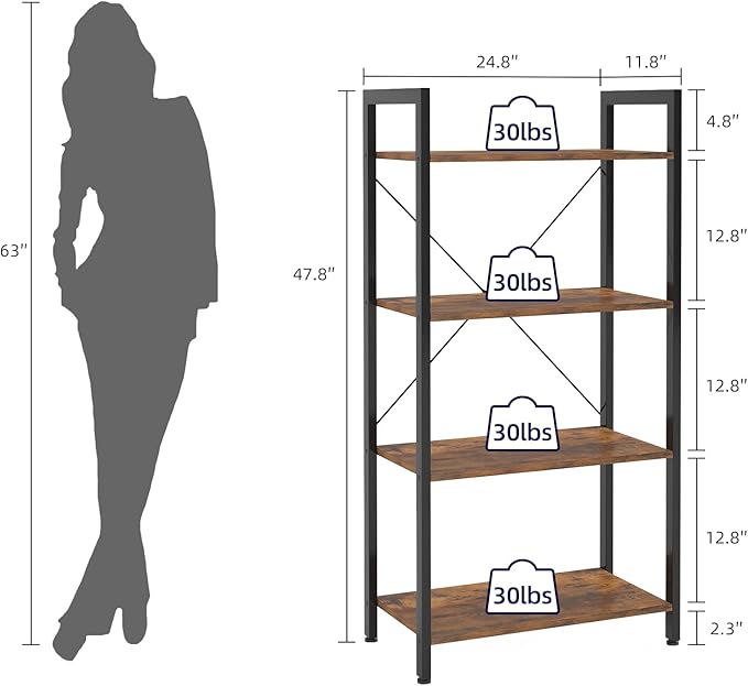 4-Tier Bookshelf, 47.2'' H Ladder Shelf, Industrial Bookcase, Wooden and Metal Storage Rack, Shelving Unit for Living Room Entryway Office, Rustic Brown Book Shelves, 24 * 11.8 * 47.2 inches