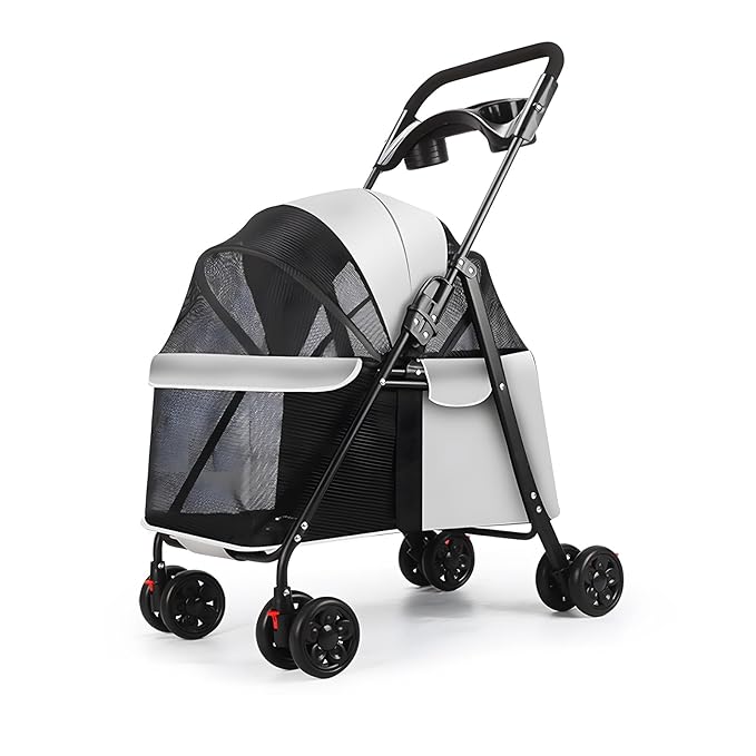 Pet Stroller, Dog Stroller for Small and Medium Dogs Cats with 360° Wheels, Folding Puppy Strollers with Dual Brake, Large Storage Basket, Breathable Mesh, Cup Holder, Removable Top (Light Grey)