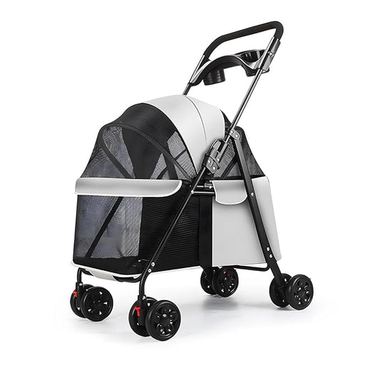 Pet Stroller, Dog Stroller for Small and Medium Dogs Cats with 360° Wheels, Folding Puppy Strollers with Dual Brake, Large Storage Basket, Breathable Mesh, Cup Holder, Removable Top (Light Grey)