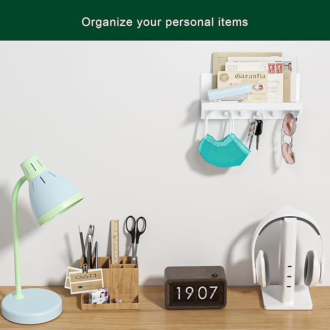 Decorative Acrylic Key Holder - Wall Mount Key Hooks with Shelf, Entryway Key Rack, Mail Organizer, Living Room Decor (White)