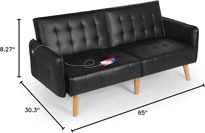 TYBOATLE Faux Leather Convertible 65'' Folding Futon Sofa Bed w/ 2 USB, Loveseat for Small Space, Apartment, Dorm, Living Room, Office, Black