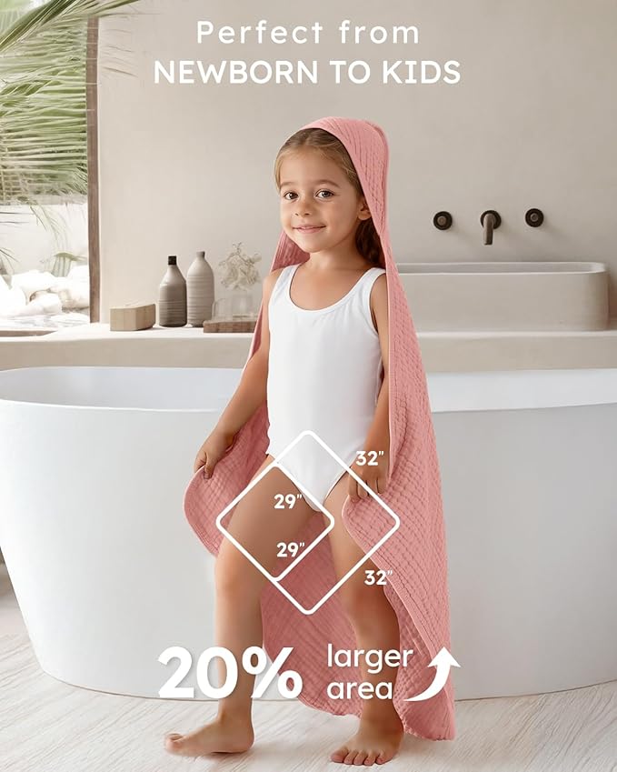 Yoofoss Hooded Baby Towels for Newborn 2 Pack 100% Muslin Organic Cotton Baby Bath Towel with Hood for Babies, Infant, Toddler and Kids, Large 32x32Inch, Soft and Absorbent Newborn Essential