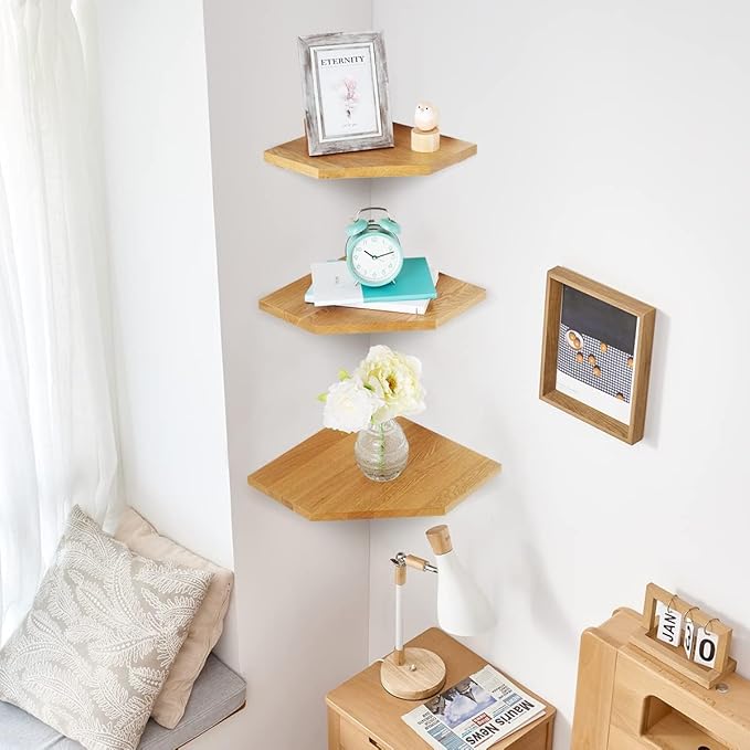 Corner Wall Shelf, Corner Floating Shelf Solid Oak Wood Display Shelf with Wire Hole Small Plant for Kitchen Living Room