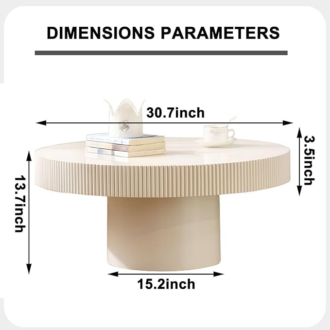 Round Coffee Table, Handcrafted Fluted Drum Coffee Tables Modern Wood Coffee Table Circle Drum Center Table for Living Room, Apartment (White Thin)