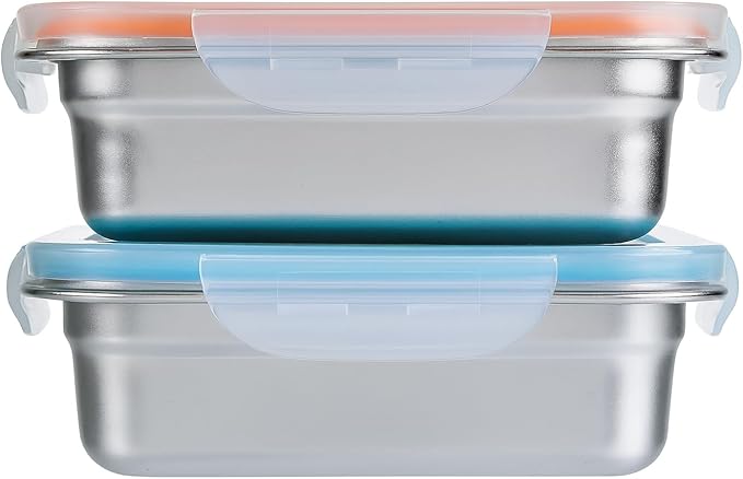 Set of 2 Stainless Steel Sandwich Containers - Food Grade Metal Base, BPA Free Leakproof & Airtight Silicone Seal Lid. Great for Sandwiches, Snacks, Meal Prep & Food Storage - Blue/Orange