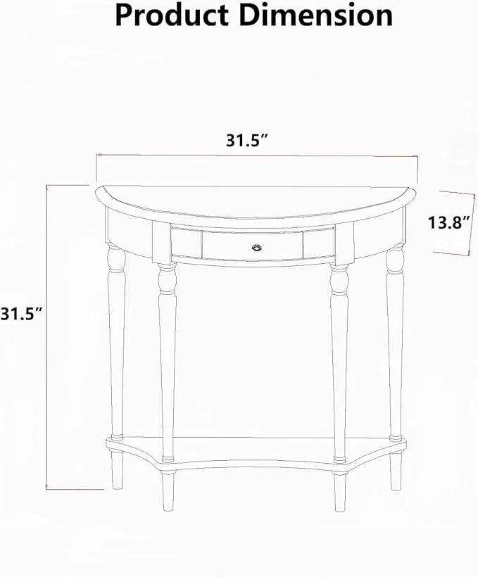 Solid Wood Console Table with Drawer, Semi-Circle Entryway Storage Shelf, Half-Moon Porch Table Side Elegant Vintage Sofa for Living Room (Black (31.5" L x 13.8" W x 31.5" H))