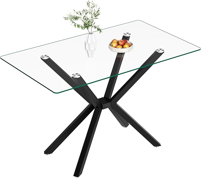 47" Tempered Glass Dining Table for 4, Modern Kitchen Table Rectangle Top, Geometric Metal Leg, for Apartment Dining Room Restaurant (Black)