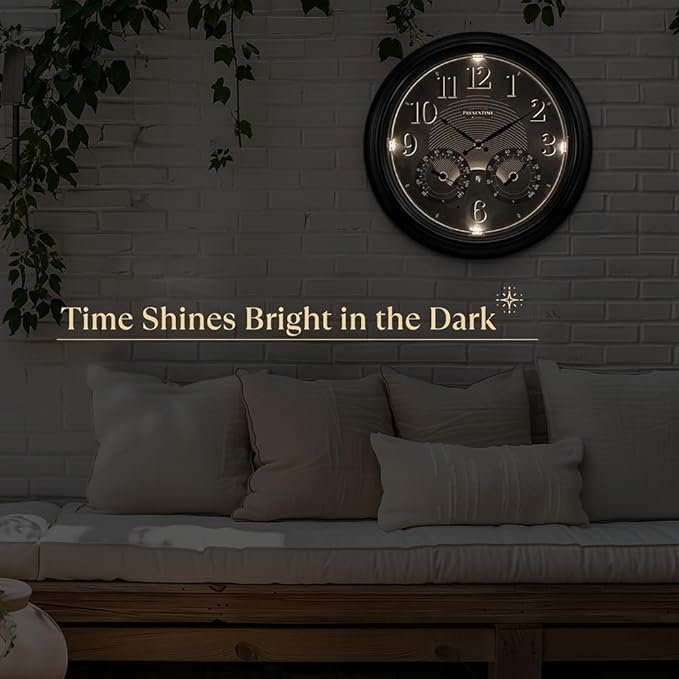 Presentime & Co 18" Illuminated in/Outdoor Atomic Clock with Smart Sensor and Night Light, Waterproof, Large Wall Clock with Thermometer & Hygrometer, for Garden and Patio, Silver.