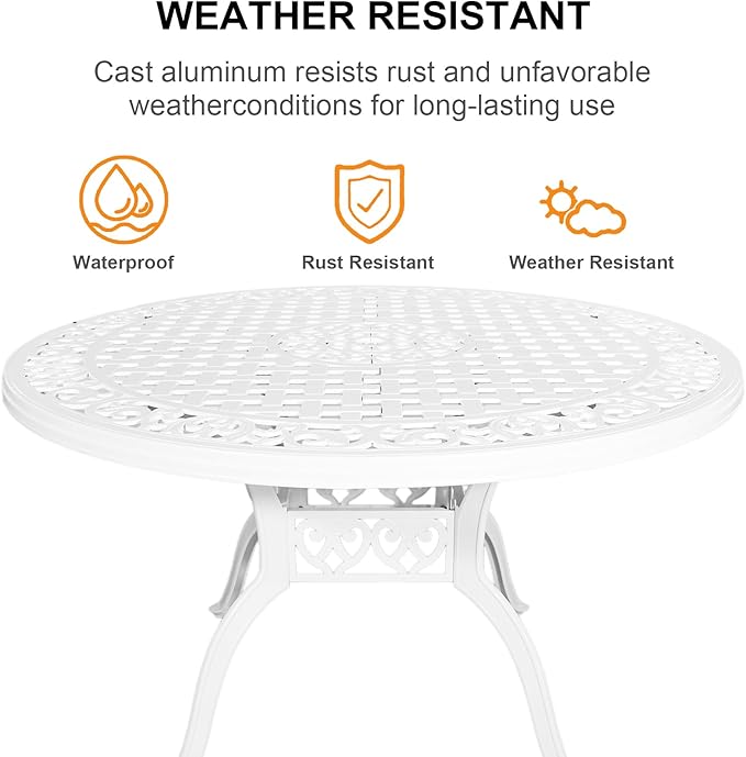 48" Round Patio Table for 6-8 Person Cast Aluminum Bistro Table with 2.36" Umbrella Hole,Metal Outdoor Dining Tables,Wrought Iron Patio Bistro Table,White Patio Table.
