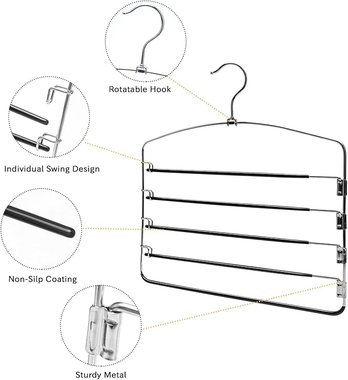 Multi-Layer Metal Pants Hangers, 3 Pack, 5 Swing Arms, Non-Slip