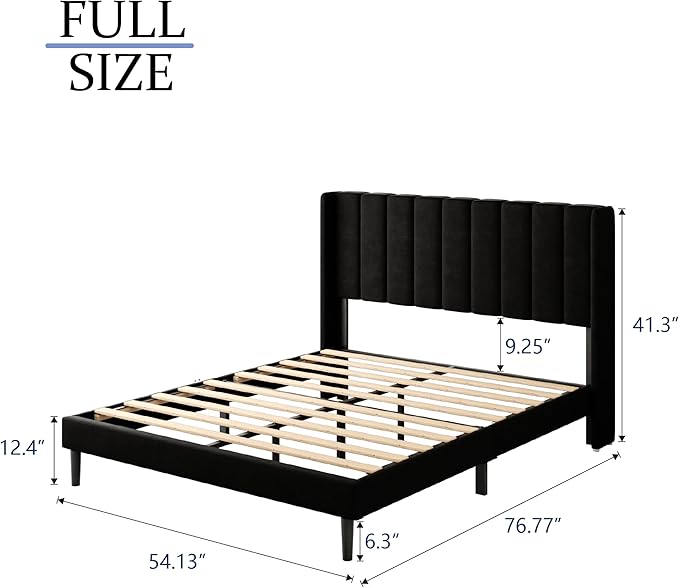 Full Size Bed Frame with Upholstered Wingback Headboard, Easy Assemnly Platform Bed, Wooden Slat Support No Box Spring Needed, Black
