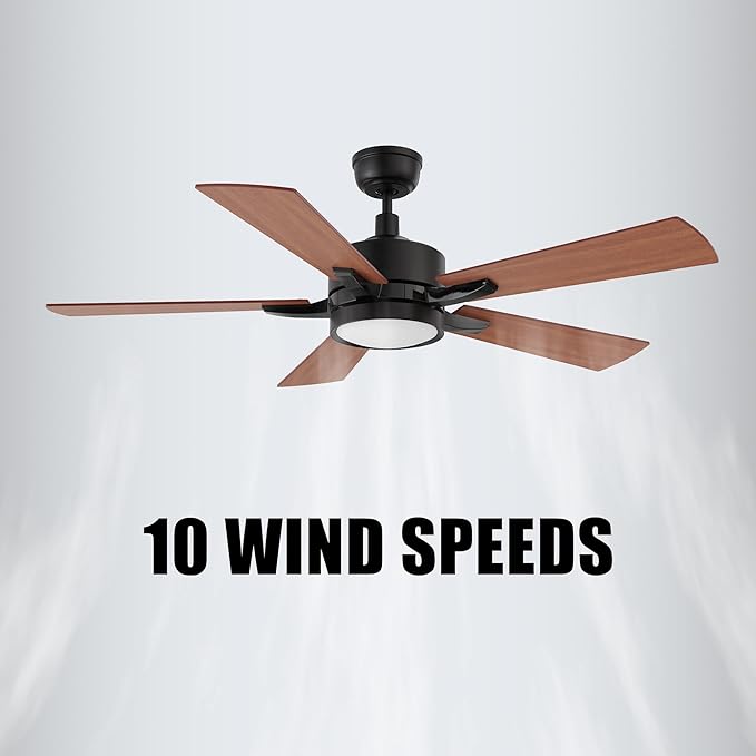 CEME 52" Ceiling Fan with Light and Remote, 10 Speeds Reversible DC Motor Outdoor Ceiling Fan, 3 Light Colors Dimmable Black, Compatible with Alexa, Siri & Google Home, Black & Brown