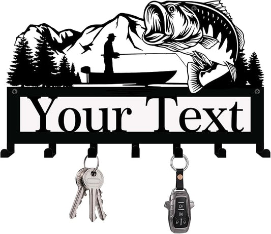 NIWAHO Personalized Family Name Metal Wall Sign with Hooks – Bass Fishing Key Rack Holder Wall Mount Customized Name for Entryway, Mudroom, Kitchen, or Bathroom Decor