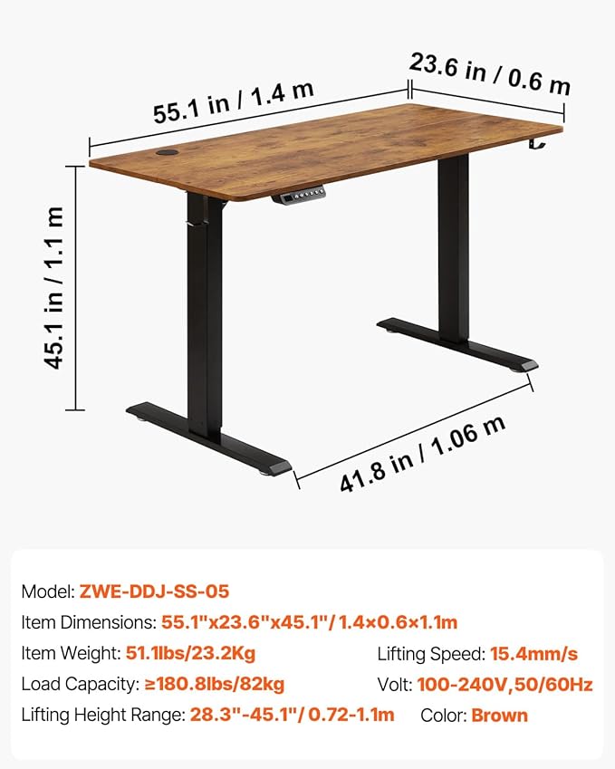VEVOR Height Adjustable Desk, 55.1 x 23.6 in, Support 180 lbs, Electric Standing Desk with 3 Memory Presets, Sturdy Dual Metal Frame, Versatile Computer Sit Stand up Desks, Suitable for Home Office