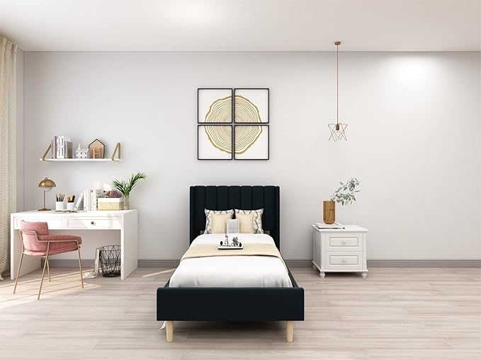 Low Profile Upholstered Platform Bed,Twin Beds with Black(Linen)