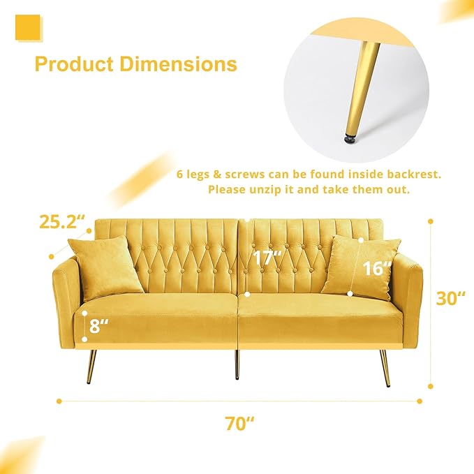70” Velvet Futon Sofa Bed w/Adjustable Armrests & 2 Pillows, Convertible Futon Couch w/Adjustable Backrests, Modern Sleeper Bed for Living Room, Bedroom, Yellow