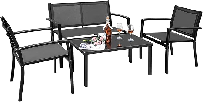 Greesum 4 Pieces Outdoor Furniture Set All Weather Patio Conversation Set with Porch Loveseat, Garden Bistro Chairs with Glass Coffee Table for Garden Backyard Poolside Textile Modern, Black