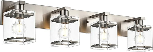 4-Lights Bathroom Vanity Light Fixtures in Brushed Nickel, E26 Socket Wall Sconce Lighting Fixtures with Clear Glass Shades for Over Mirror Bedroom Living Room Cabinet